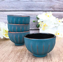 Blue Gold Ridged Lines Japanese Tetsubin Style Cast Iron Tea Cups Set of 4