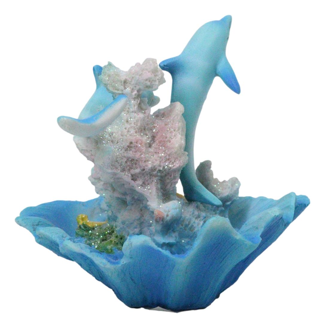 Marine Ocean 2 Blue Dolphins Swimming By Coral Reef and Clam Seashell Figurine