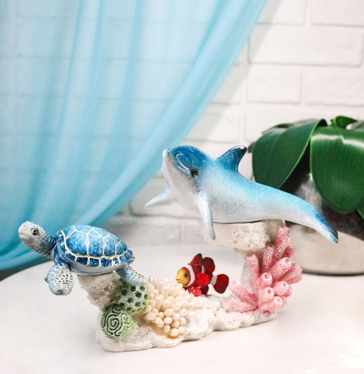 Ocean Dolphin Sea Turtle Clownfish Swimming By Coral Reef Sea Anemone Figurine