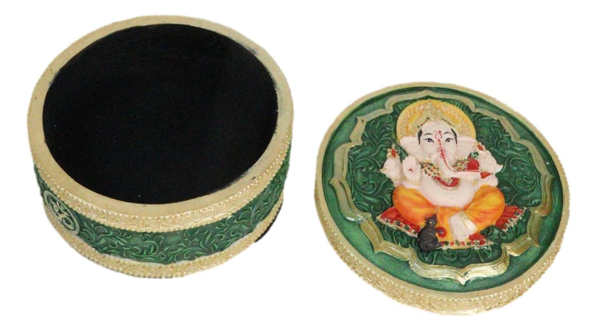 Ganapati Lord Ganesha Mandala Flower And Ohm Sign Decorative Round Trinket Box - Ebros Gift