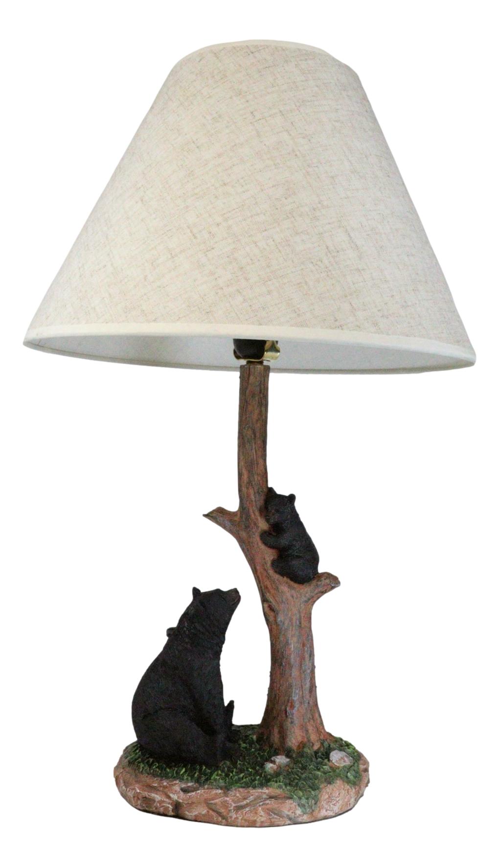 Rustic Black Mother Bear Watching Over Cub Climbing On Tree Trunk Table Lamp