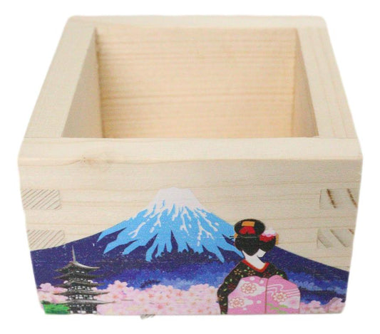 Set Of 3 Pink Sakura Mount Fuji Fujiyama Traditional Masu Square Box Sake Cups