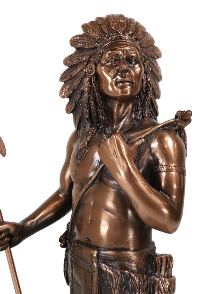 Indian Chief Hero With Spear Hunter Electroplated Bronze Figurine With Base