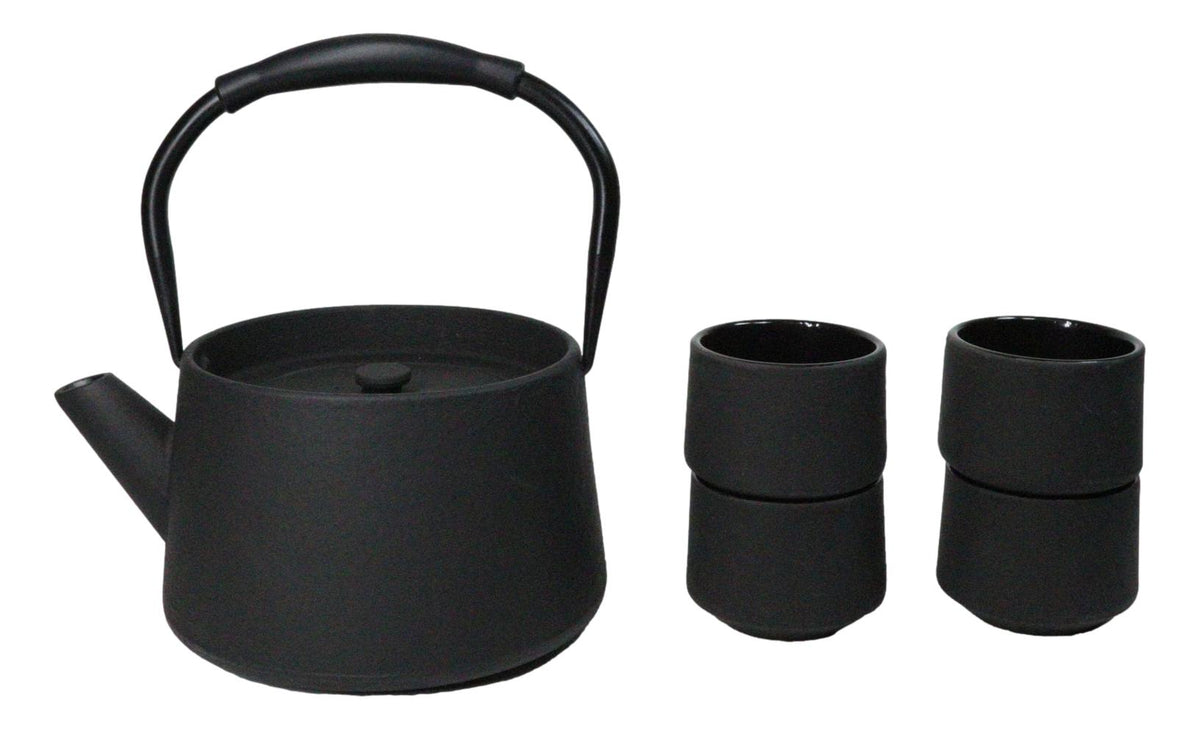 Black Modern Straight Edge Tetsubin Cast Iron Teapot 33oz And 4 Tea Cups Set