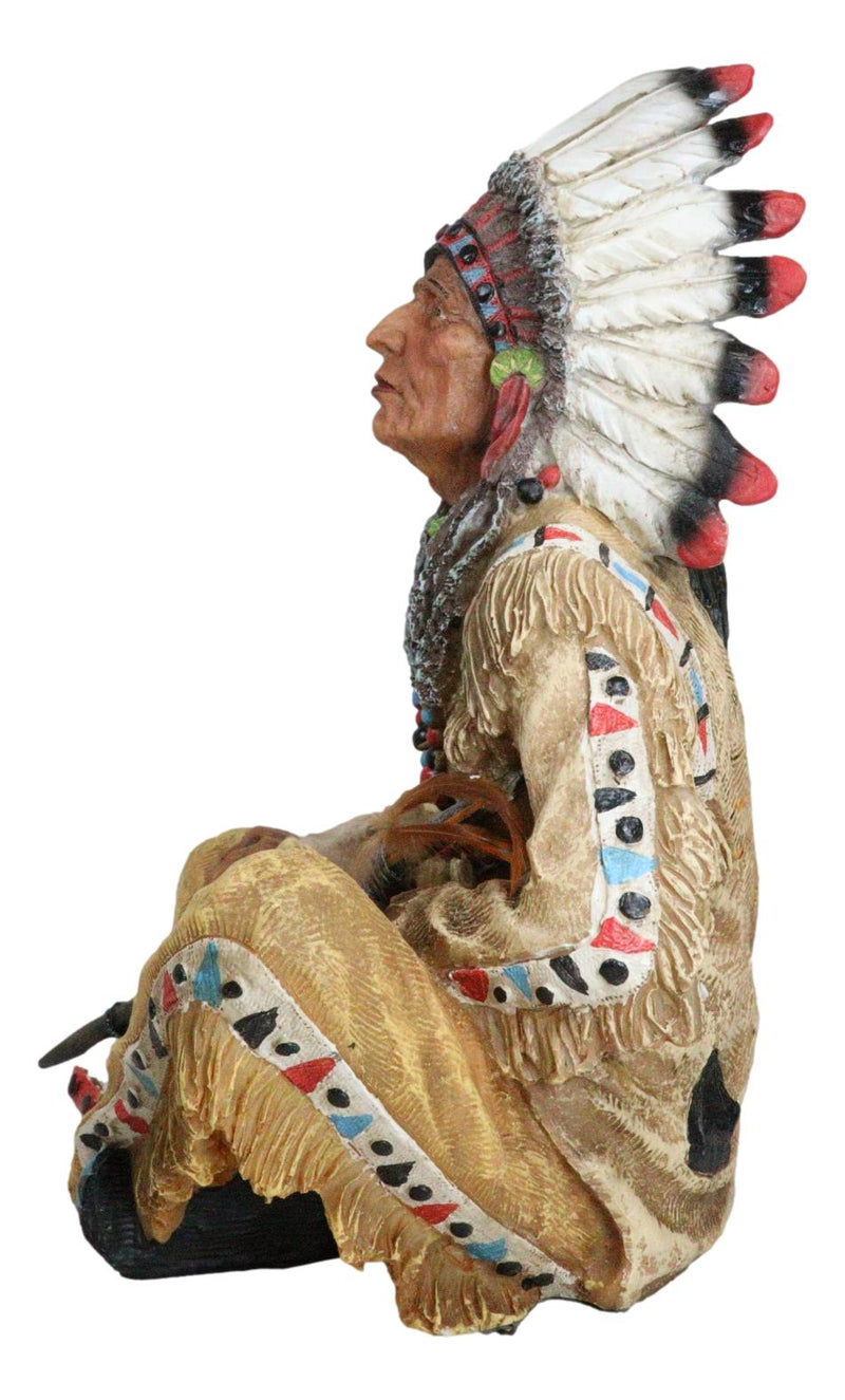 Large Sitting Native Indian Tribal Chief Medicine Man With Peace Pipe Figurine