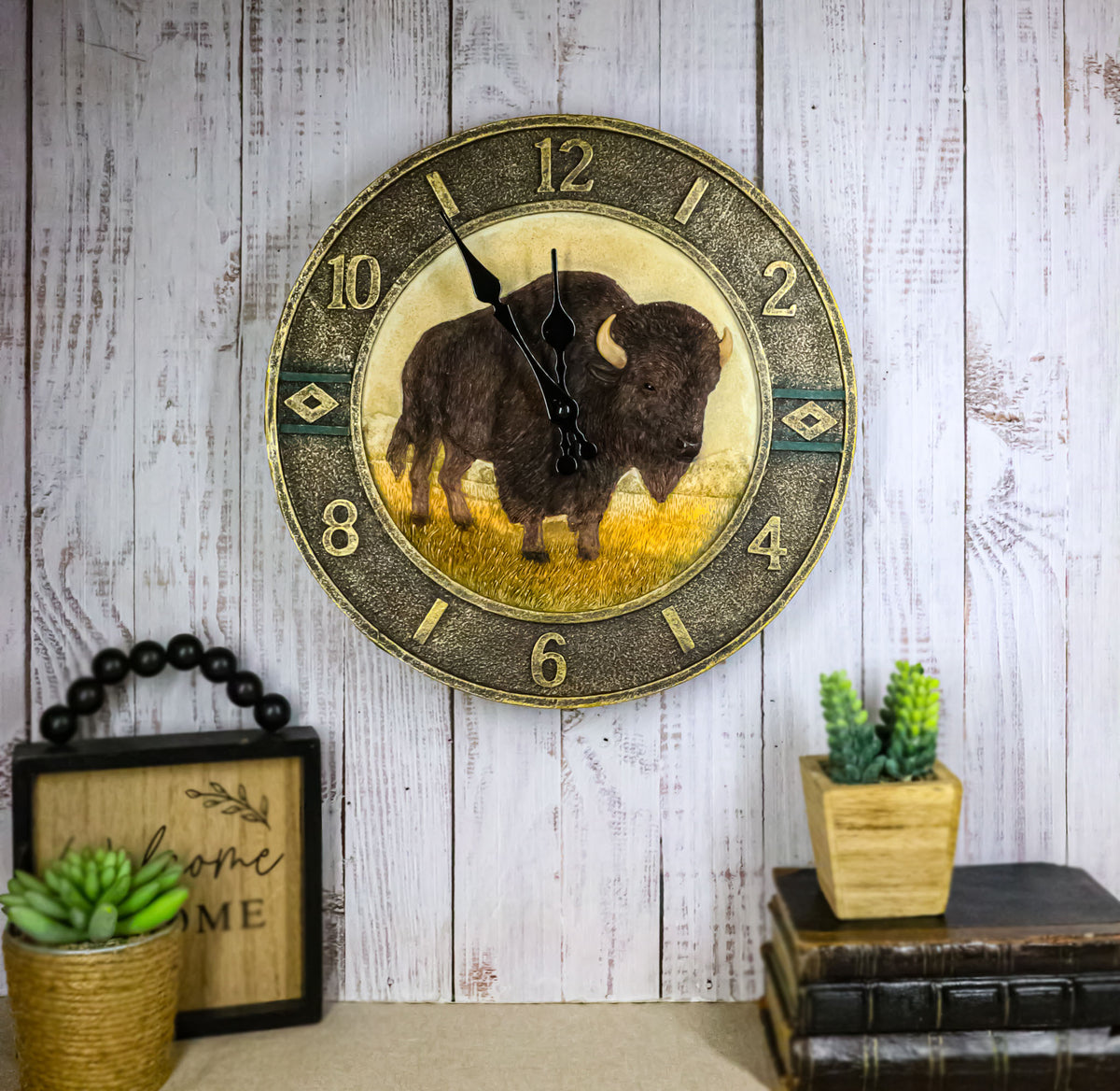 Frontier Land Legacy Southwestern Bison Wall Clock American Buffalo Sculpture