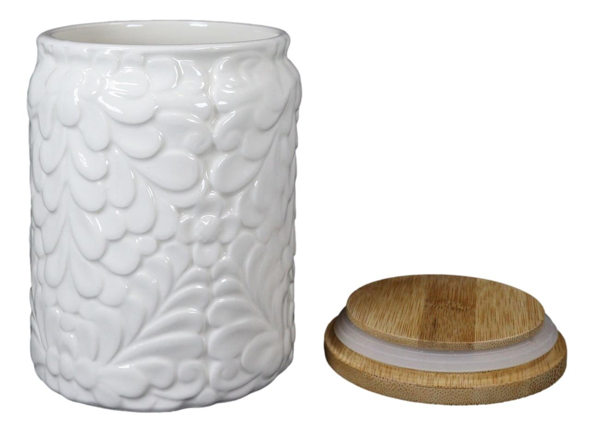 Set of 2 Ceramic White Floral Air Tight Canister Storage Jars Bamboo Lid 20oz