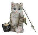 Lifelike Grey Tabby Cat Sitting by Pail of Fishes And Pole Fishing Figurine