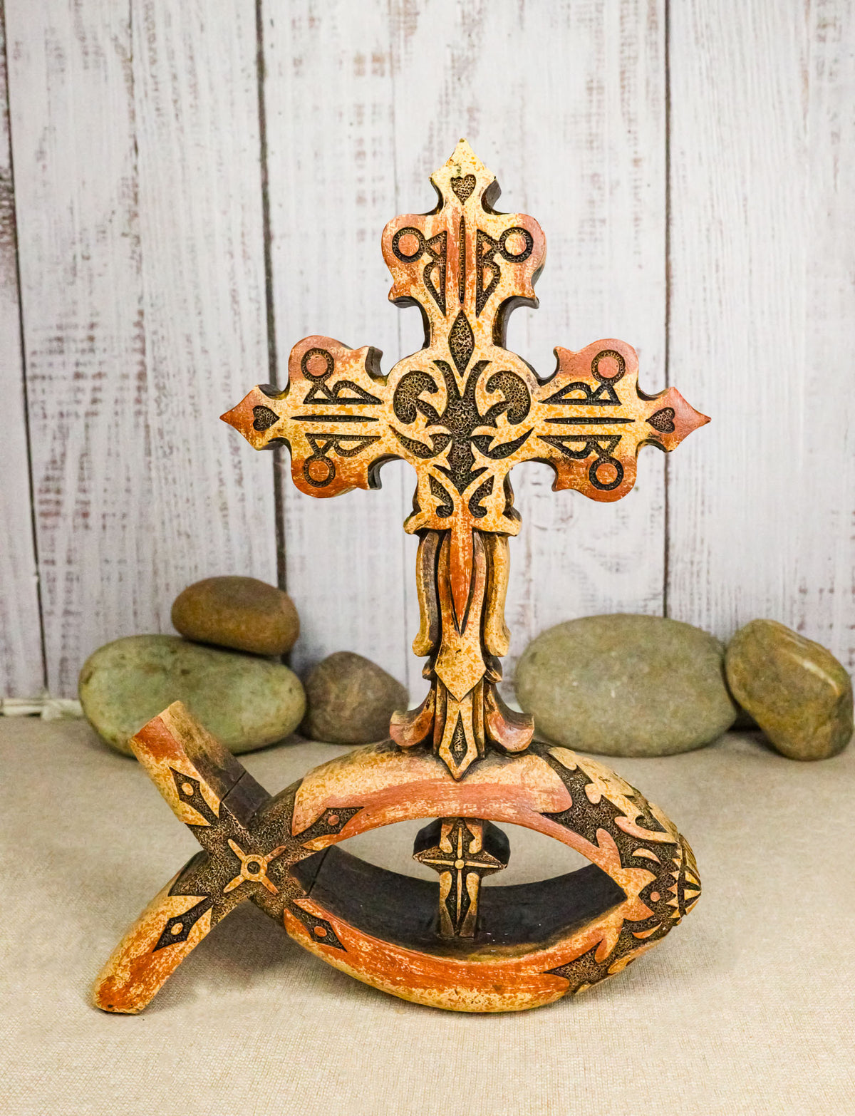 Christian Tuscany Scrollwork Cross On Jesus Fish Ichthys Base Faux Wood Figurine