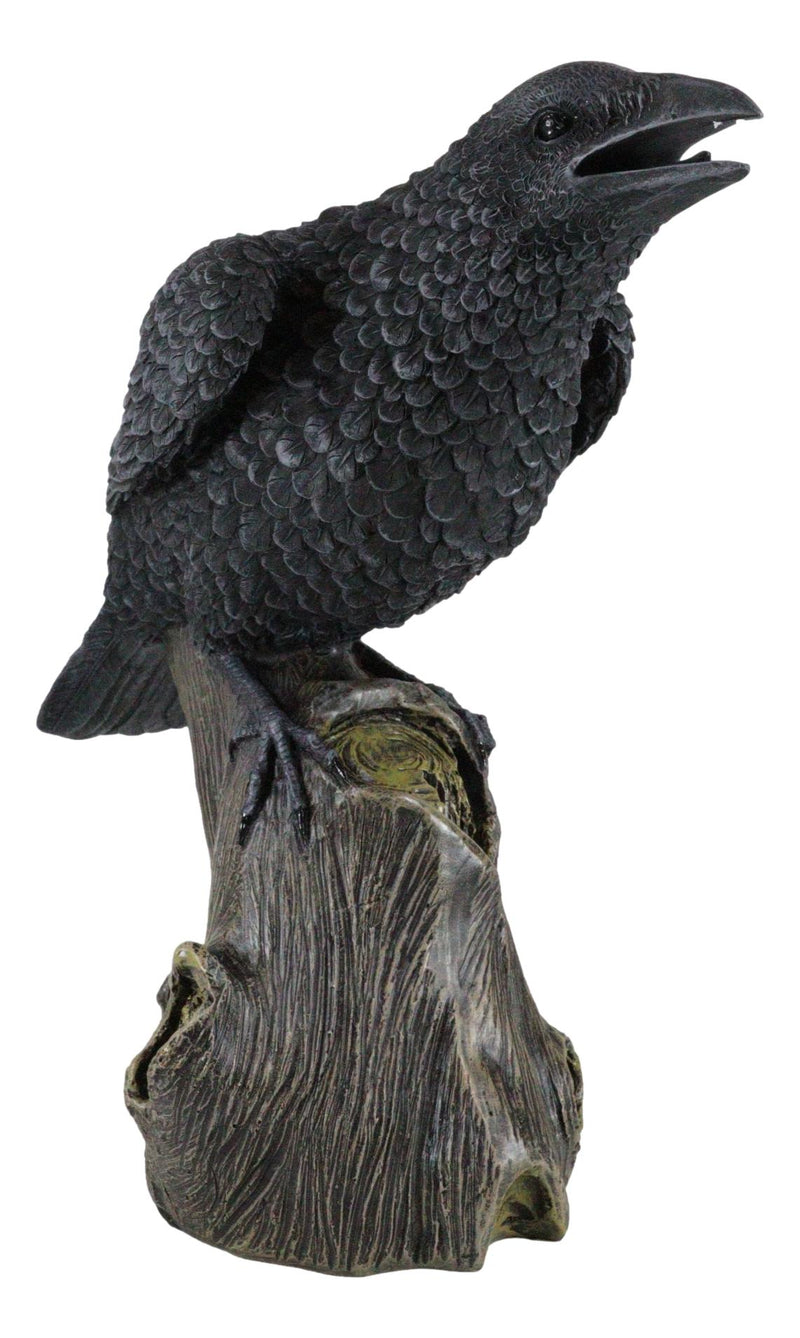 Ebros Large 14" Long Gothic Raven Crow Perching On Tree Stump Statue Figurine