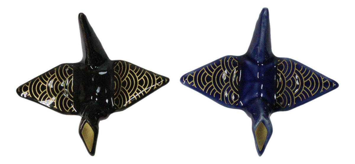 Blue And Black Seigaiha Artful Cranes Set of 2 Chopsticks And Ceramic Rests Set