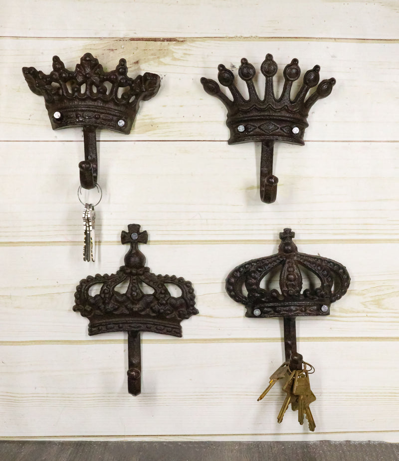Pack Of 4 Cast Iron Medieval Royalty King and Queen Crowns Wall Coat Hooks