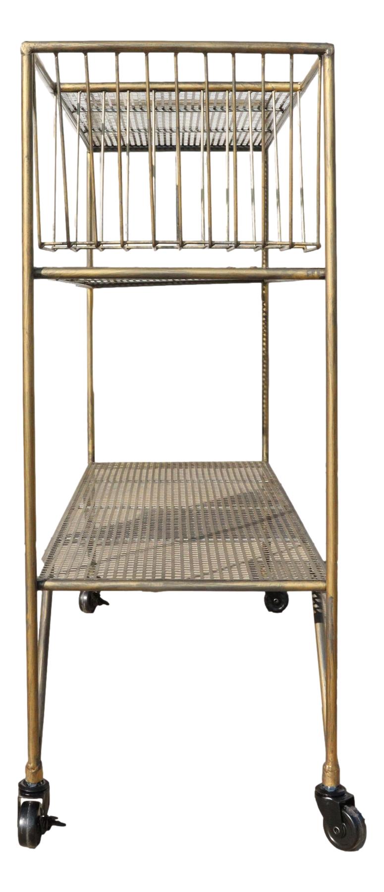39"H Contemporary Brushed Gold Metal 3 Tier Shelf And Basket Bar Serving Cart