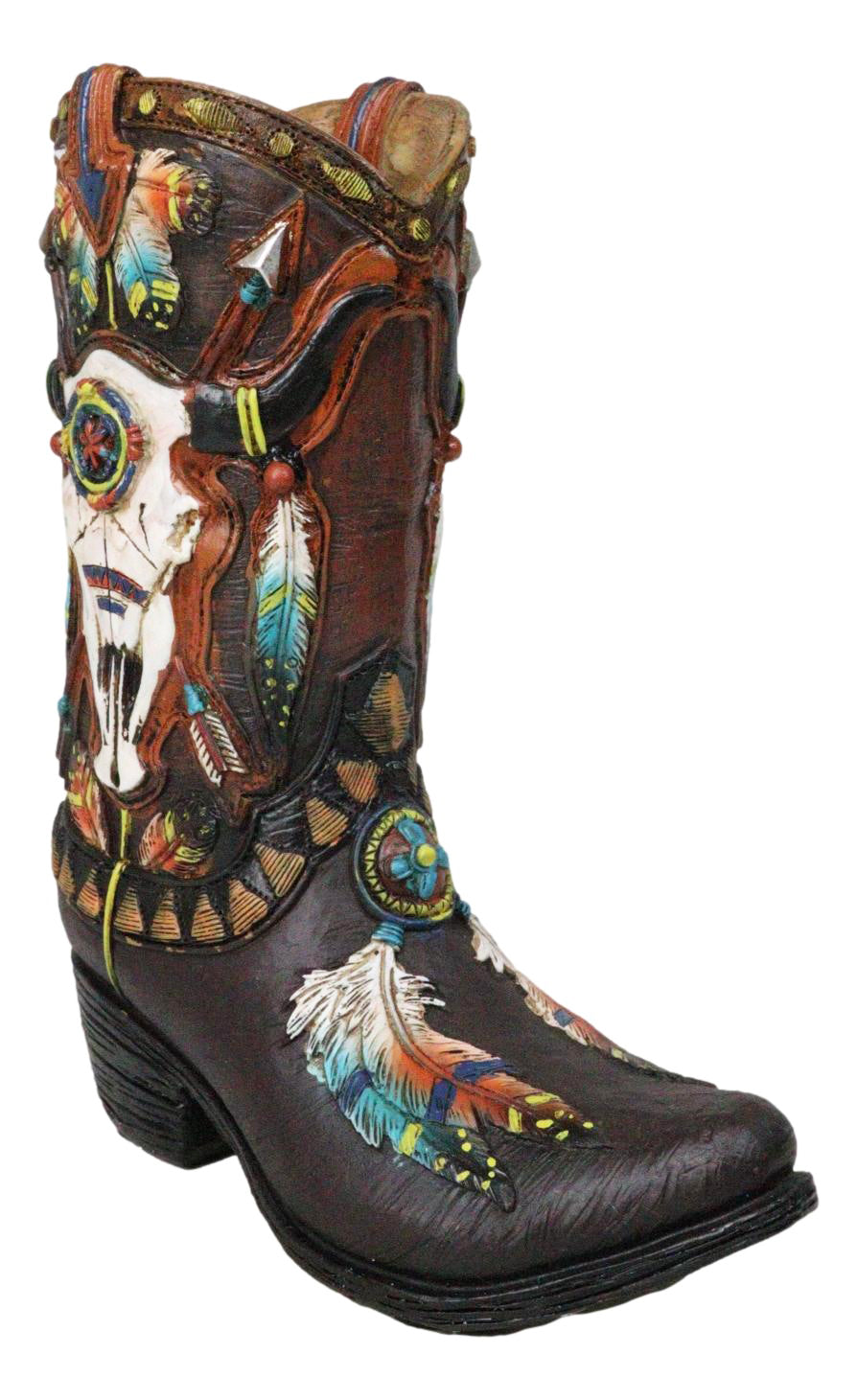 Southwest Turquoise Feathers Cow Skull Crossed Arrows Cowboy Boot Vase Holder