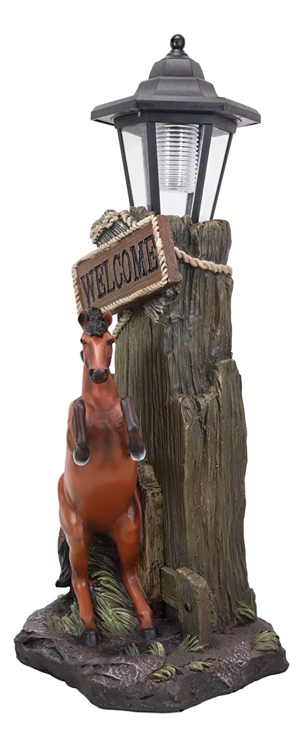Ebros Western Rearing Horse with Welcome Sign Statue w/ Solar LED Lantern Light