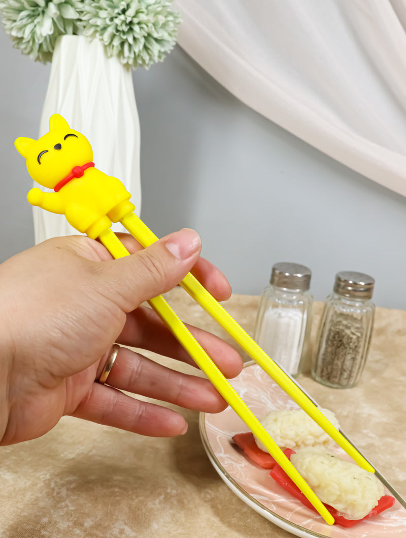 Yellow Maneki Neko Lucky Cat Reusable Training Chopsticks With Silicone Helper