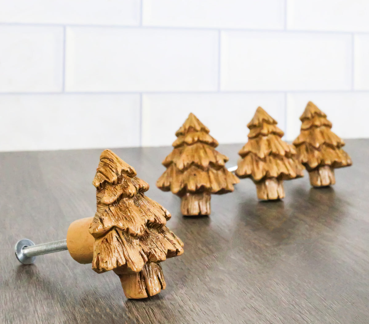 Set Of 4 Western Rustic Forest Pine Trees Faux Wooden Cabinet Door Pull Knobs - Ebros Gift