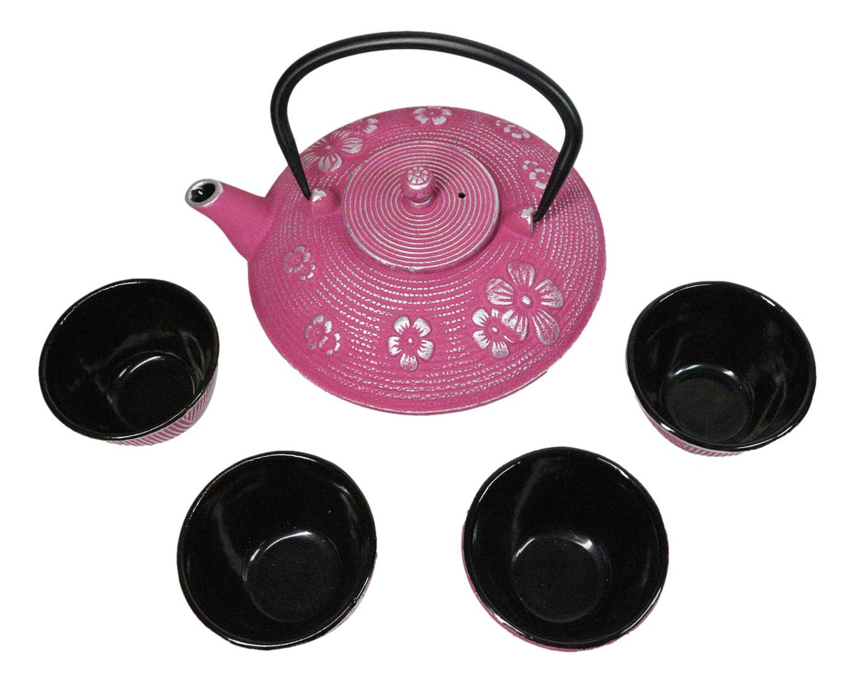Magenta Ume Plum Floral Blossoms Tetsubin 27oz Cast Iron Tea Pot With 4 Cups Set