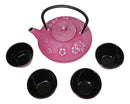 Magenta Ume Plum Floral Blossoms Tetsubin 27oz Cast Iron Tea Pot With 4 Cups Set