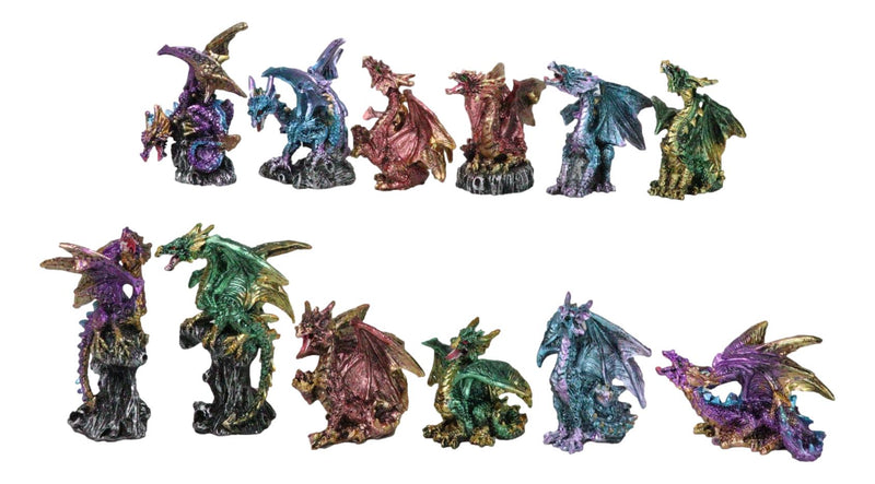 Set Of 12 Colorful Metallic Behemoth Dragons In Multiple Poses Mini Figurines
