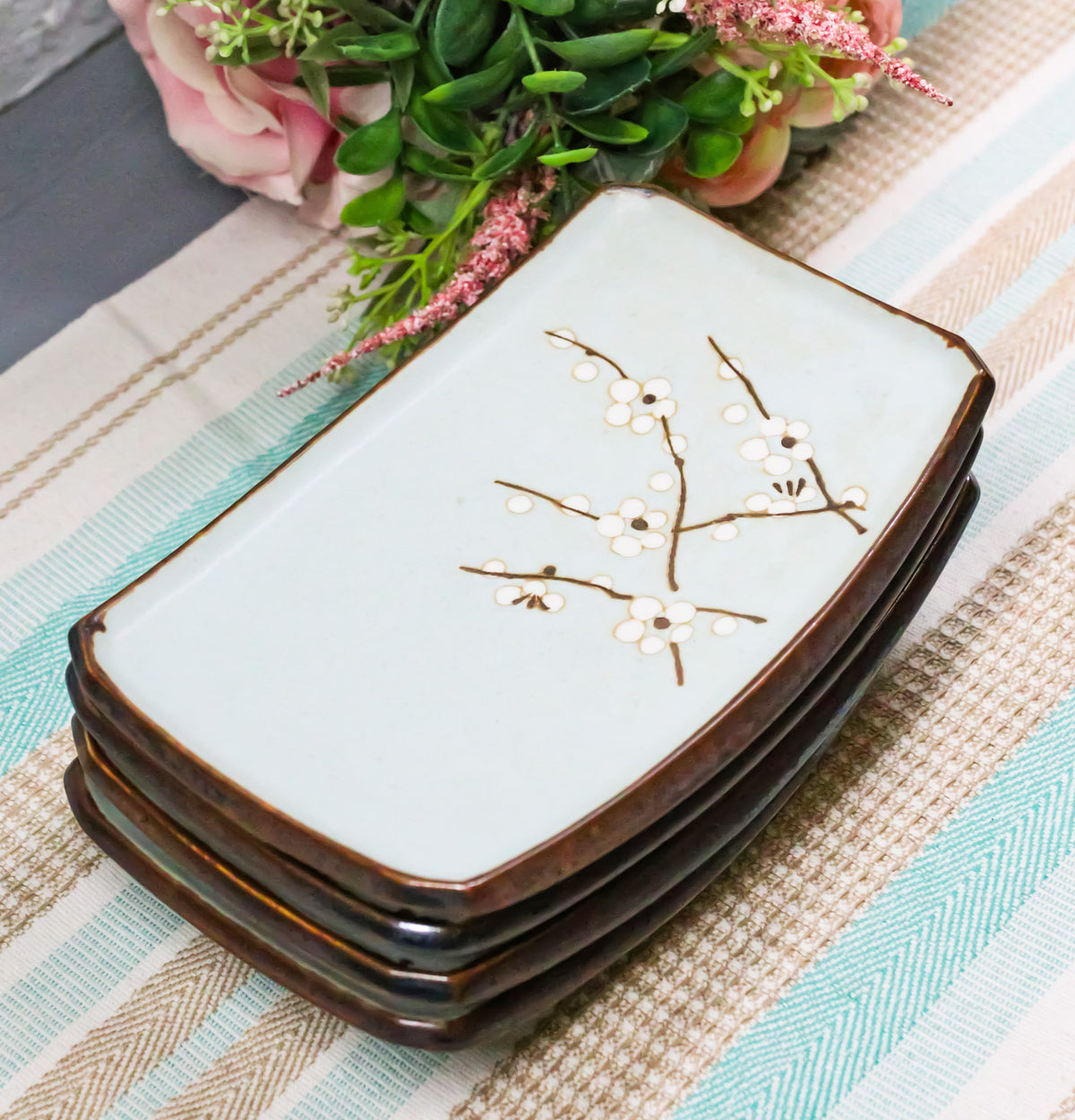 Set Of 4 Japan Made Sakura Cherry Blossoms Porcelain Rectangular Serving Plates