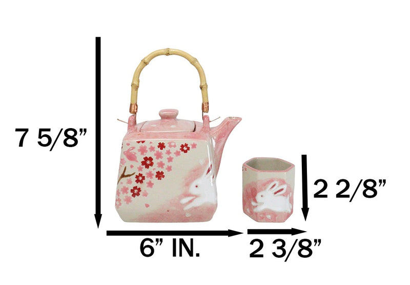 Pink Sakura Cherry Blossoms With Rabbit Hexagonal Teapot With 4 Tea Cups Set