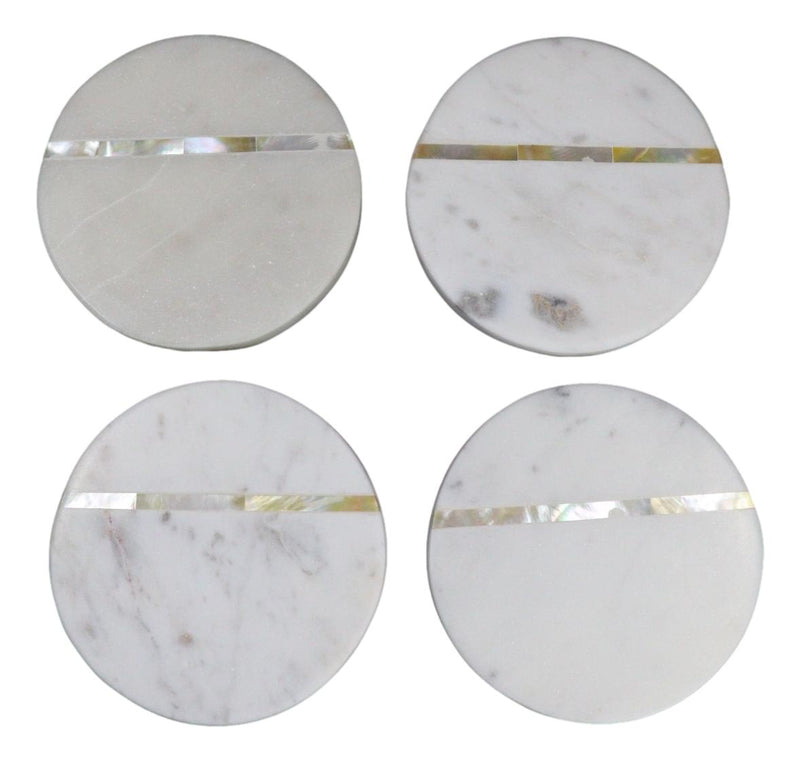 White Banswara Marble with Gold Metal Striped Inlay Accent 4 Piece Coaster Set