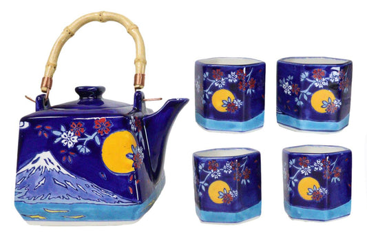 Blue Mount Fuji With Full Moon Ceramic Hexagonal Teapot With 4 Tea Cups Set