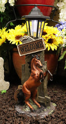 Ebros Western Rearing Horse with Welcome Sign Statue w/ Solar LED Lantern Light