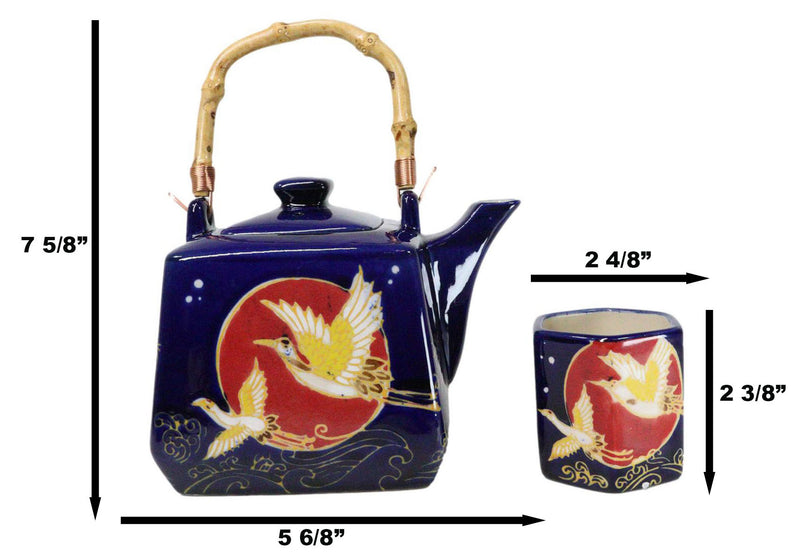 Golden Crane With Red Moon Blue Ceramic Hexagonal Teapot With 4 Tea Cups Set