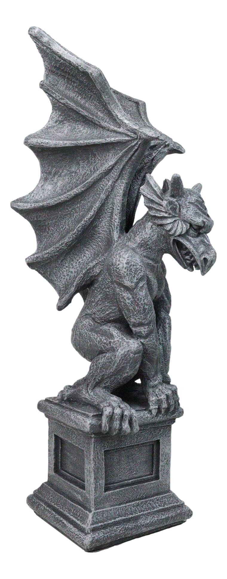 Large 17" H Gothic Crouching Wise Old Griffin Gargoyle On Pedestal Figurine
