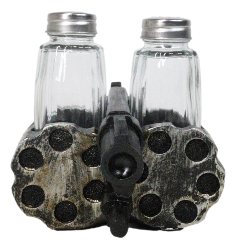 Old World Western Pistol Gun With Giant Barrels Salt Pepper Shakers Holder Set