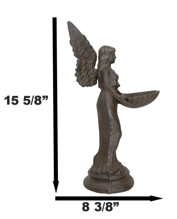 Rustic Cast Iron Gabriel Angel Holding Shell Garden Bird Feeder Bath 15.5"H