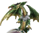 Green And Gold Armored Dragon On Rocky Cliff Edge With LED Optic Ball Figurine