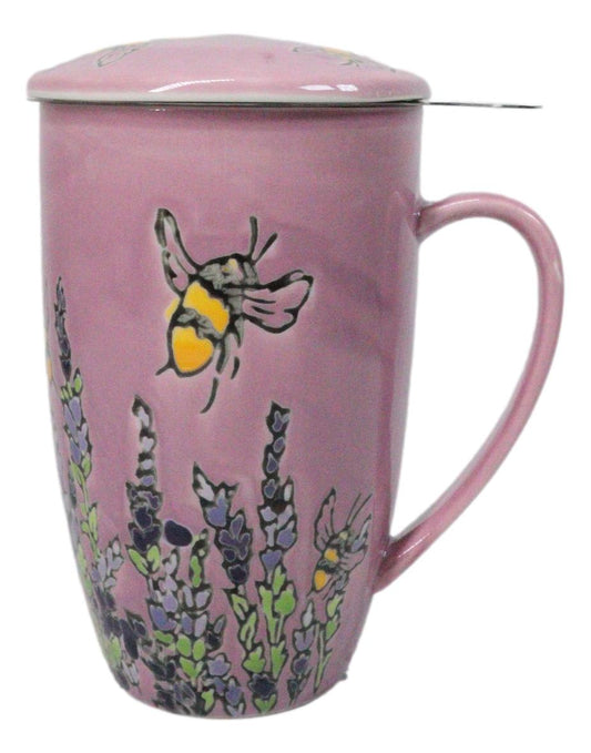 Pink Spring Honeybee 15oz Porcelain Tea Mug With Lid And Stainless Steel Infuser