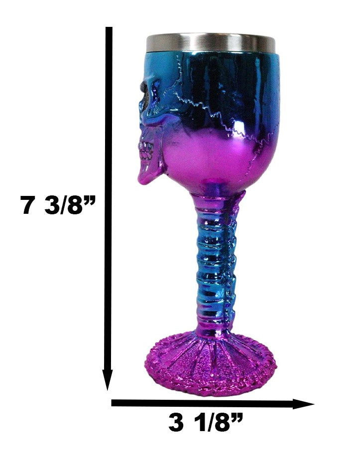 Metallic Blue And Pink Plated Skull With Skeleton Spine And Bones Wine Goblet - Ebros Gift