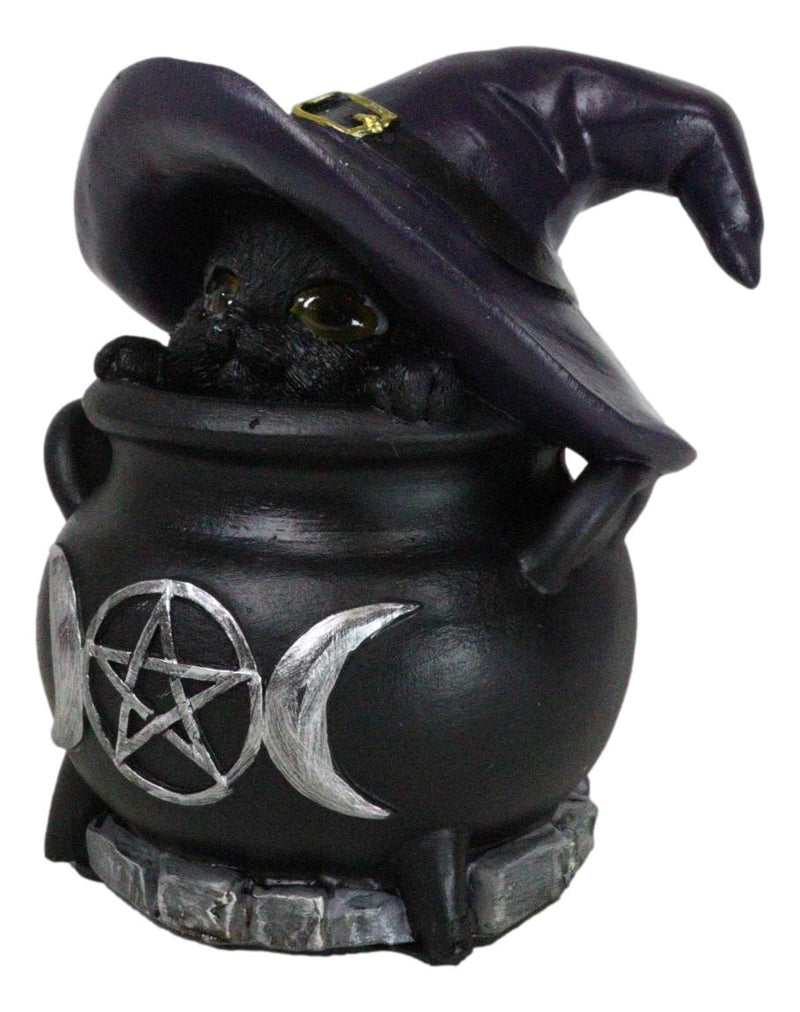 Witch Hat Feline Black Cat Hiding in Triple Moon Cauldron With LED Eyes Figurine