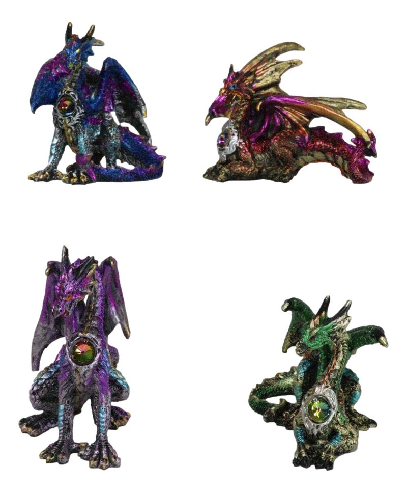 Set of 4 Colorful Metallic Elemental Dragons in Multiple Poses Mini Figurines
