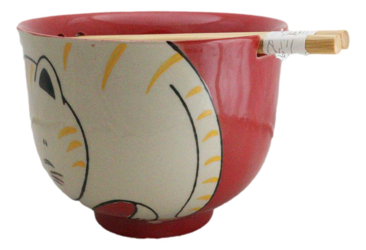 Red Cute Chubby Kitty Cat Ceramic Donburi Ramen Bowl With Chopsticks Set - Ebros Gift
