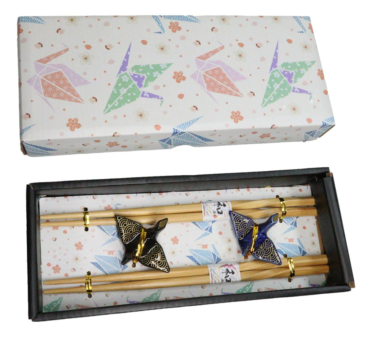 Blue And Black Seigaiha Artful Cranes Set of 2 Chopsticks And Ceramic Rests Set