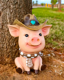 Rustic Western Comical Sitting Pig with Turquoise Cowboy Hat and Scarf Figurine