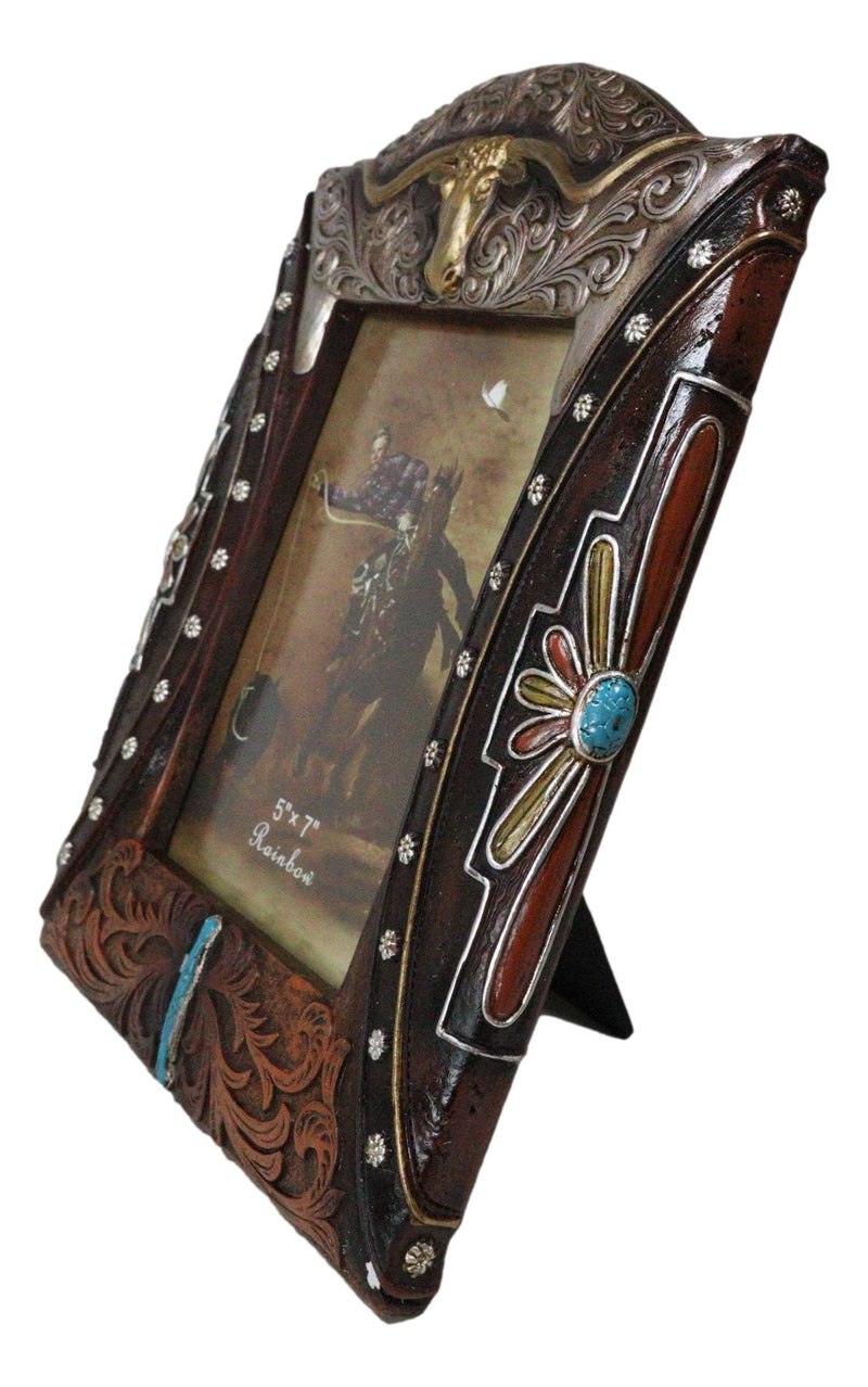 Western Longhorn Tooled Silver Concho Turquoise Gems Picture Photo Frame 5"X7"