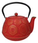 Red Gold Kiku Chrysanthemum Floral Design Large Cast Iron Tetsubin Teapot 40oz