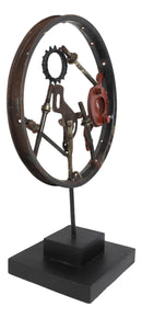 Rustic Grey Metal Industrial Geared Clockwork Steampunk Wheel Sculpture W/ Base