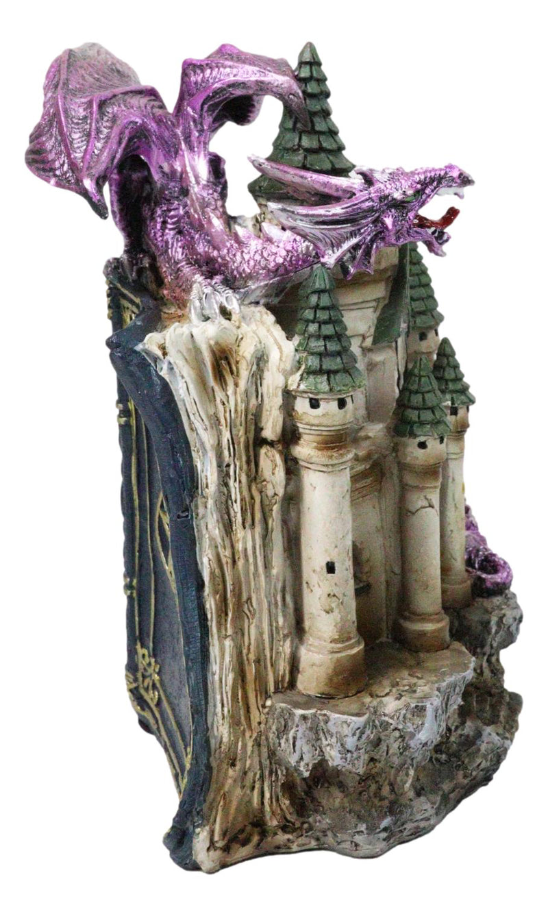 Purple Dragon Guarding LED Medieval Castle On Rocks With Book of Spells Figurine