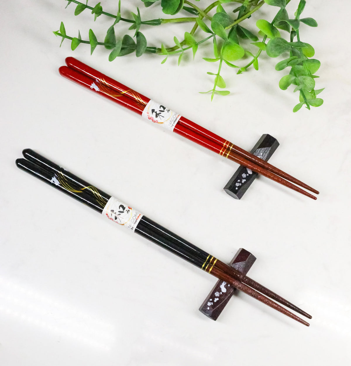 Cherry Brown And Black Moon Rabbits Set of 2 Chopsticks And Wooden Rests Set