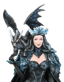 Large Gothic Necromancy Black Dragon Witch Dark Queen In Long Gown Statue