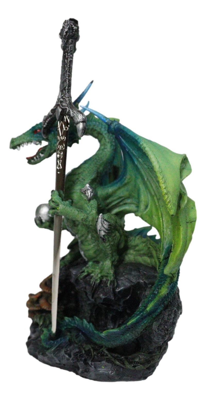 Green Dragon Holding Silver Orb And Draconian Sword Letter Opener Figurine