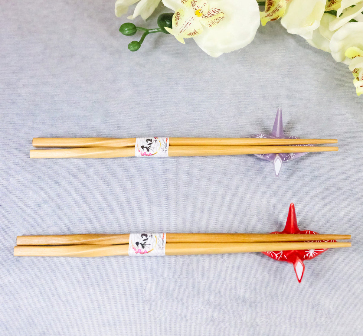 Red And Purple Origami Cranes Set of 2 Wooden Chopsticks And Ceramic Rests Set