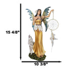 Large Native Indian Fairy Pocahontas Holding Dreamcatcher With Grey Wolf Statue